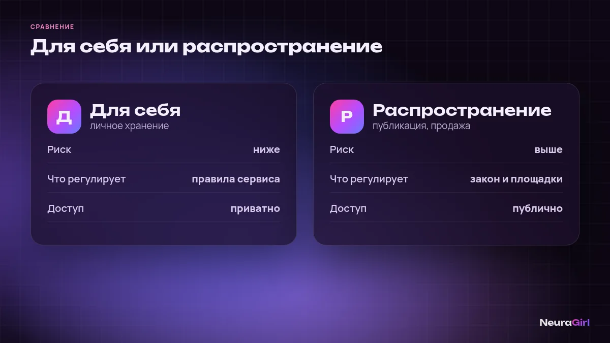 Сравнение: создание ИИ-контента для себя и распространение