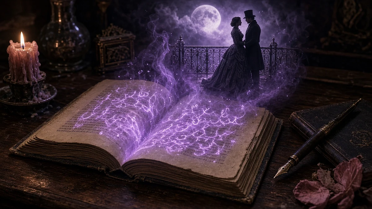Открытая старинная книга со светящимися строками, из которой поднимается сцена пары на балконе под луной — истории с ИИ