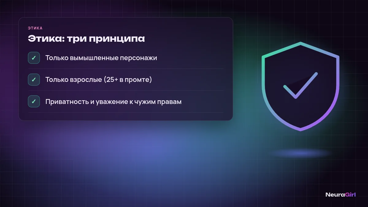Этика ИИ-контента: три принципа — вымышленные персонажи, только взрослые, приватность