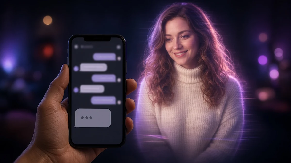 Рука держит смартфон с чатом, рядом голографический образ улыбающейся женщины в белом свитере — ИИ-девушка и виртуальный компаньон