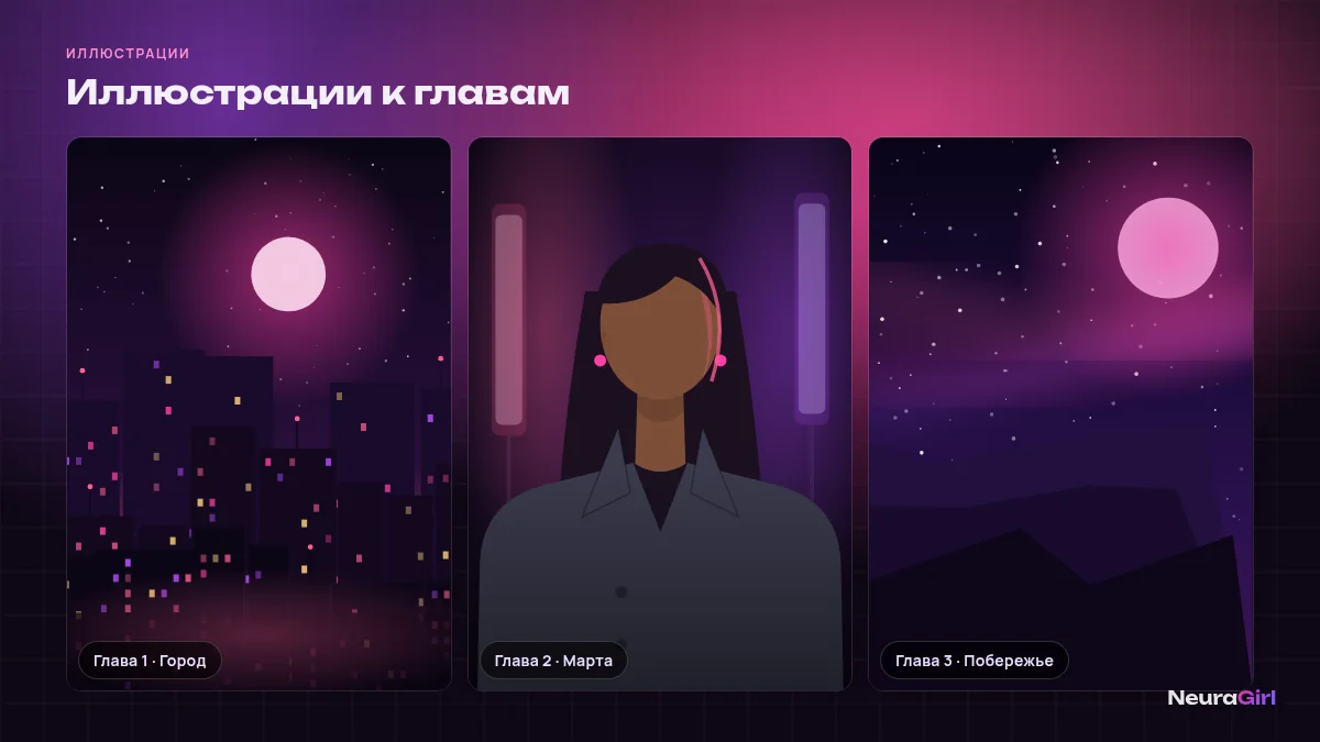 Иллюстрации к главам истории: героиня и места действия