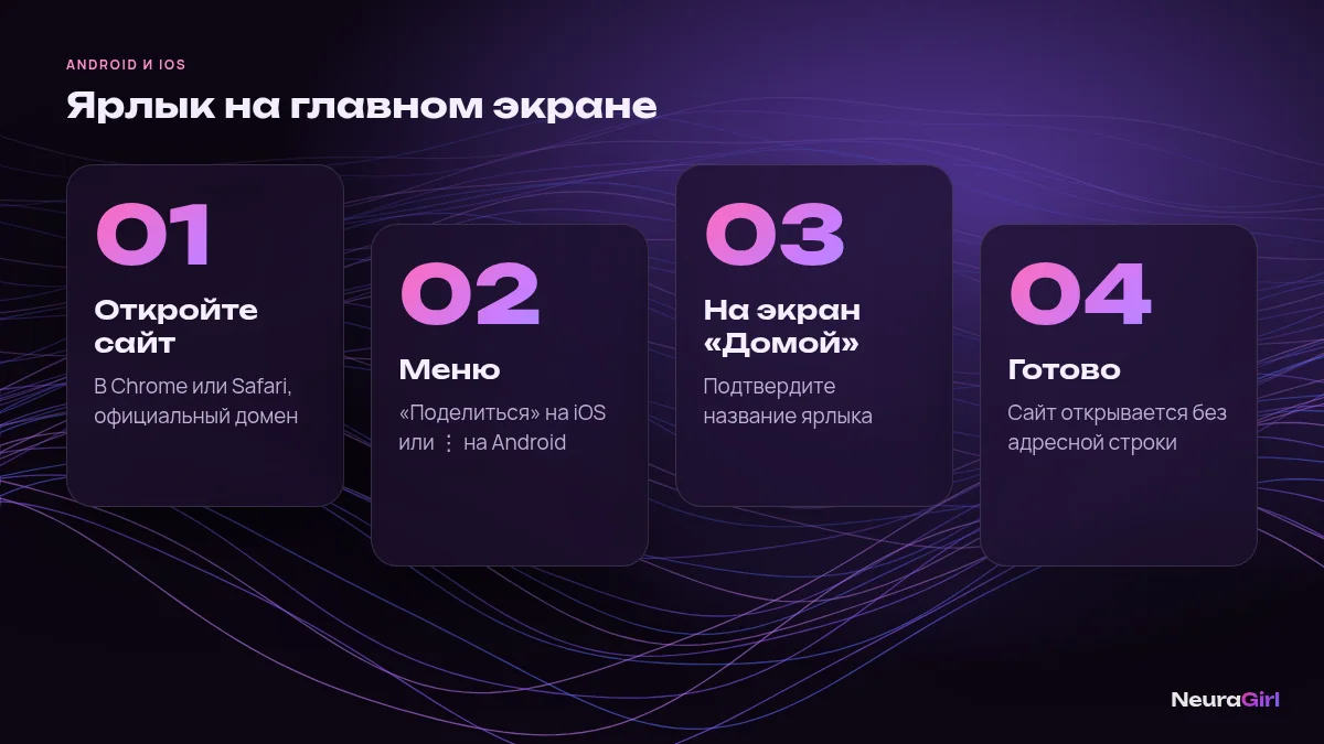 Пошаговая схема: как добавить сайт генератора на главный экран Android и iOS