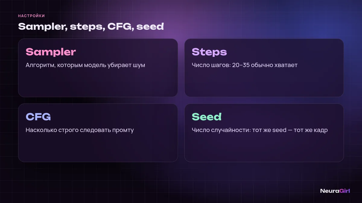 Карточки настроек Stable Diffusion: sampler, steps, CFG и seed