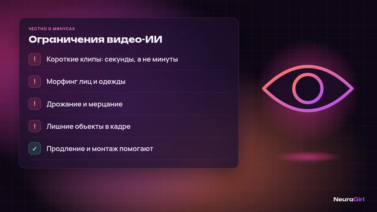 Ограничения ИИ-видео сегодня: короткая длина, морфинг, дрожание, лишние объекты