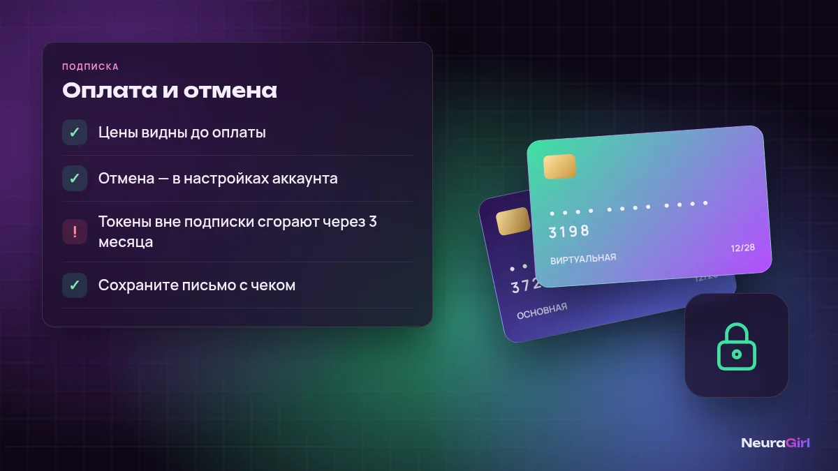 Оплата и отмена подписки: банковские карты и замок безопасности