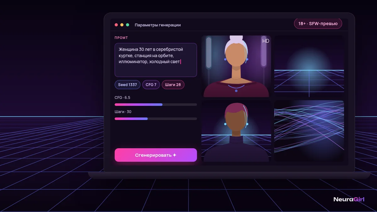 Параметры генерации в интерфейсе: seed, CFG, шаги, формат