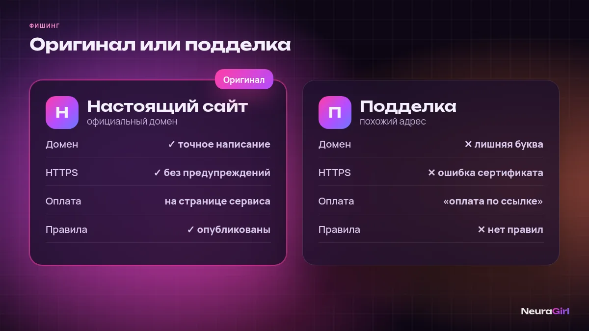 Сравнение настоящего сайта и подделки: домен, HTTPS, оплата, правила
