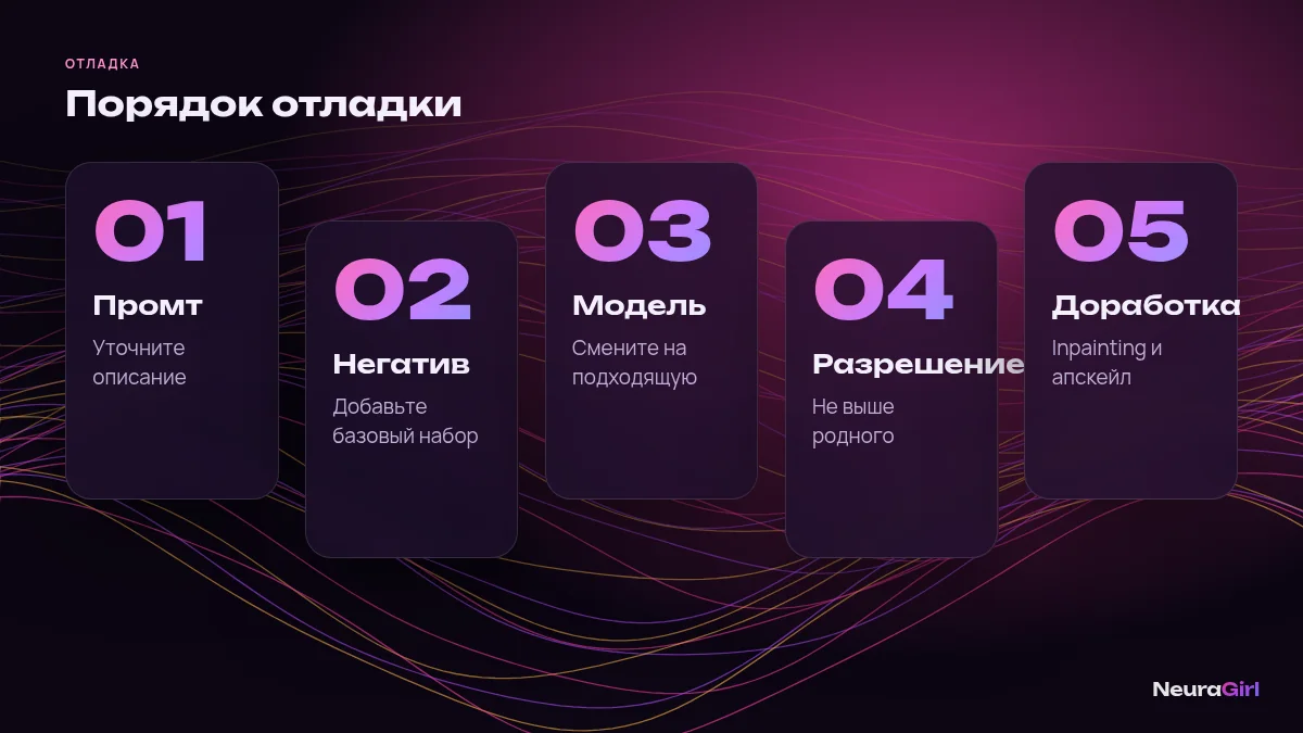 Порядок отладки генерации: промт, негатив, модель, разрешение, доработка