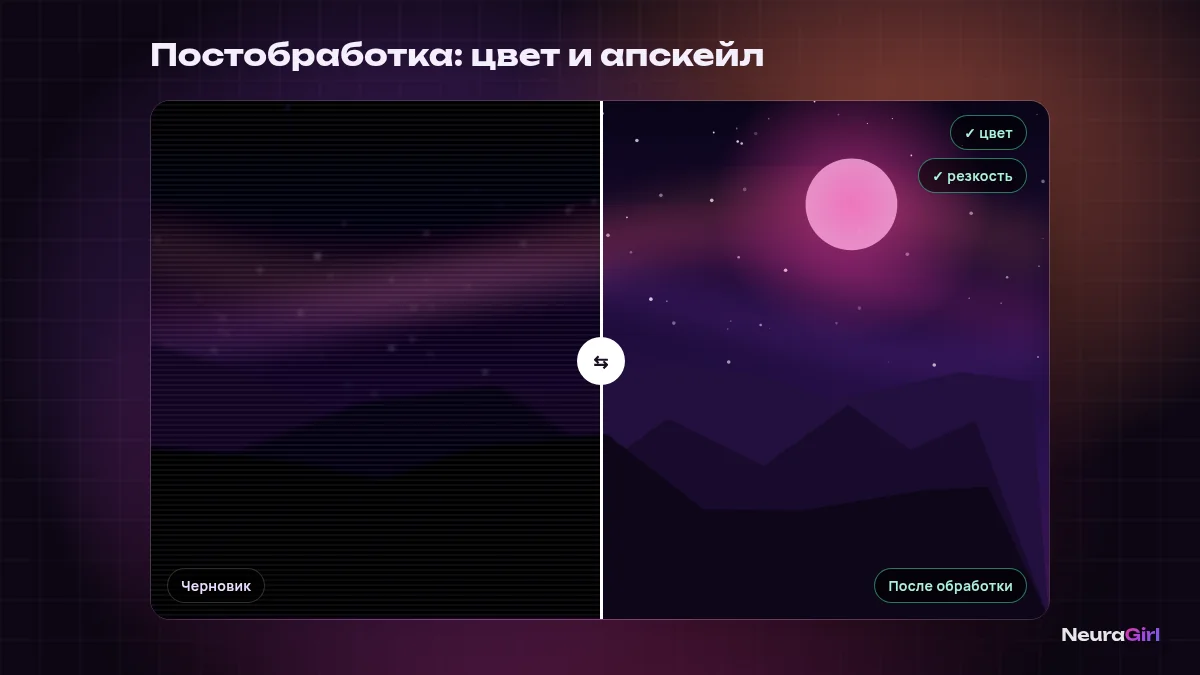 Постобработка ИИ-арта: сравнение до и после цветокоррекции и апскейла