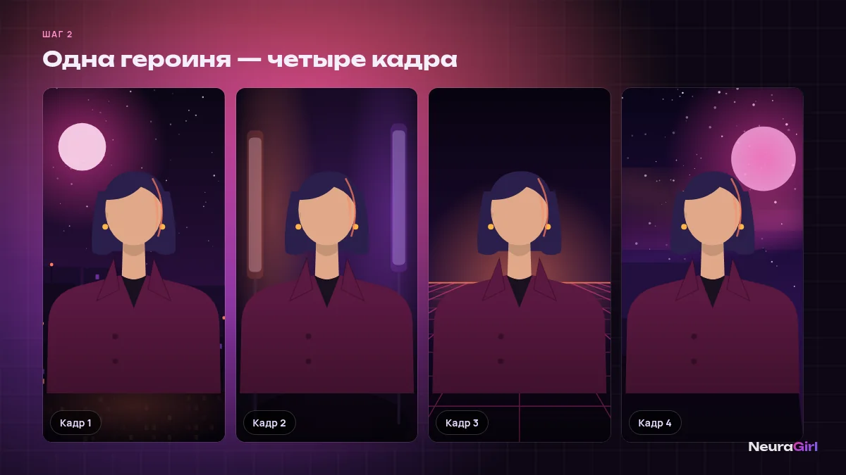 Один и тот же вымышленный персонаж в четырёх кадрах комикса