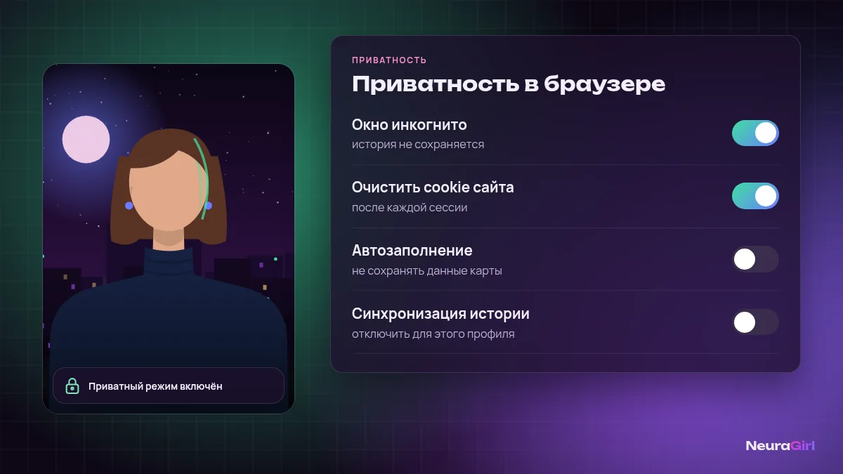 Панель настроек приватности браузера: инкогнито, очистка истории и cookie