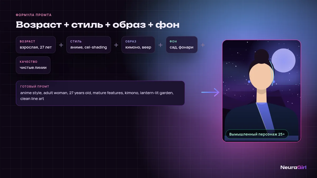 Формула промта для аниме-арта со взрослым персонажем: возраст, стиль, образ, фон