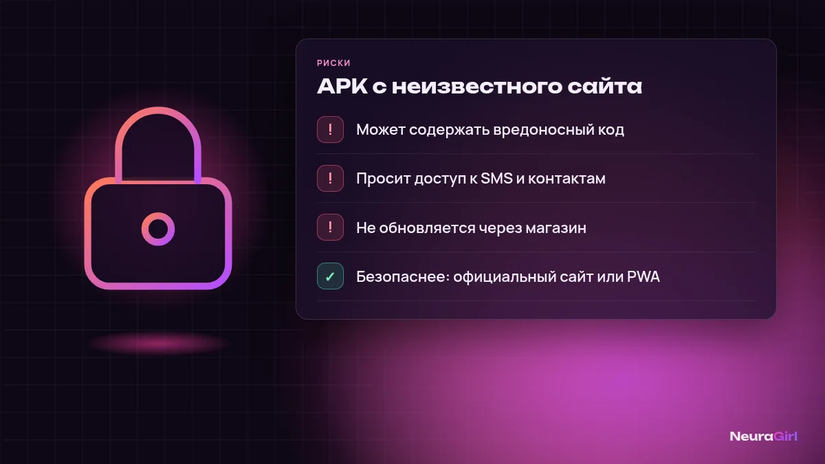 Предупреждение о рисках APK-файлов с неизвестных сайтов
