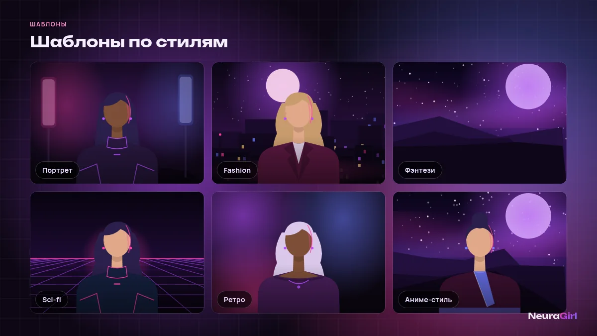 Шаблоны промтов по стилям: портрет, fashion, фэнтези, sci-fi, ретро, аниме-стиль