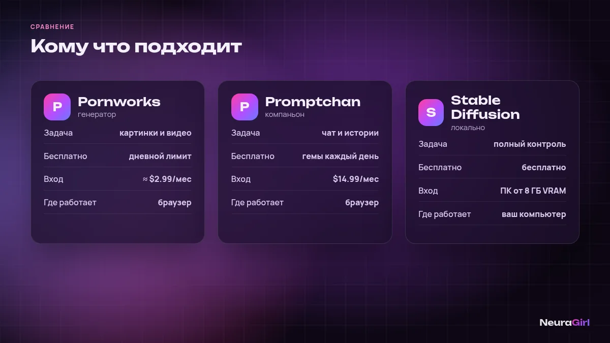 Инфографика: сравнение Pornworks, Promptchan и локального Stable Diffusion по задаче, бесплатному доступу и цене входа