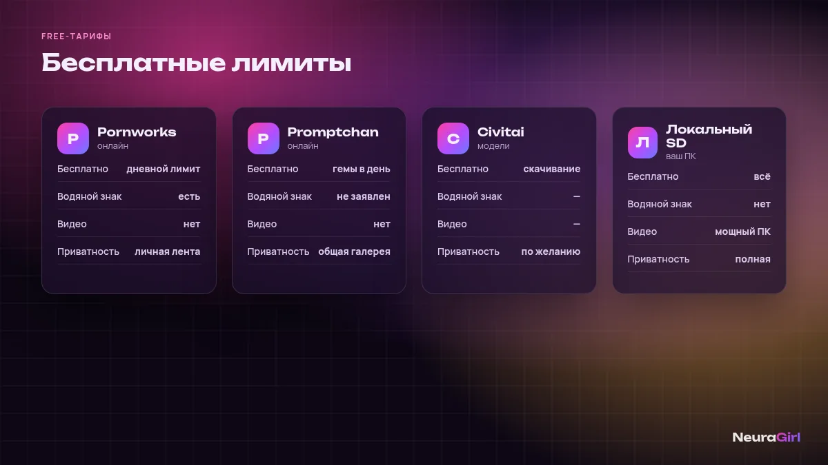 Инфографика бесплатных лимитов: Pornworks, Promptchan, Civitai и локальный Stable Diffusion